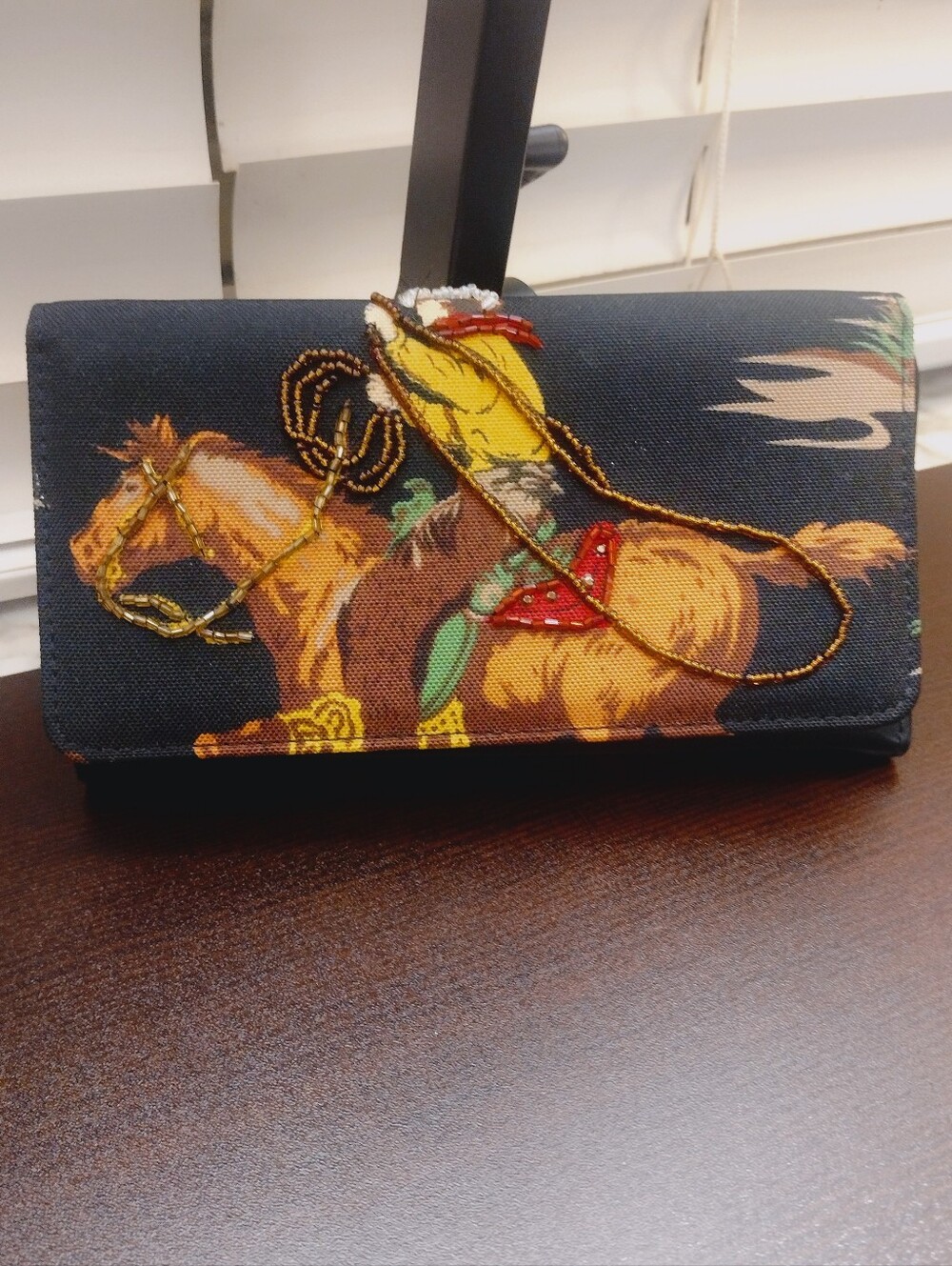 Embroidered Beaded Western Horse Wallet- Black with Brown & Gold Accents